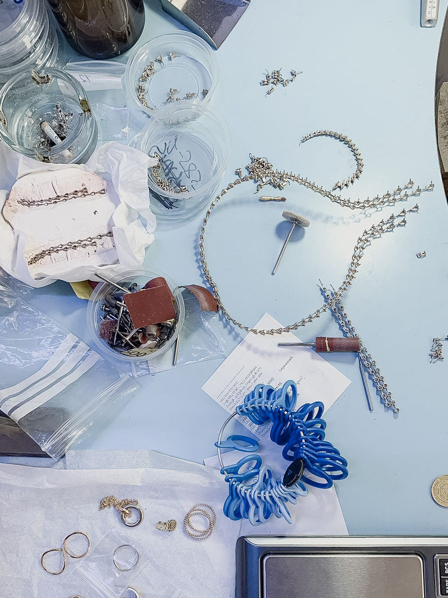Pieces in progress laid out on the workbench