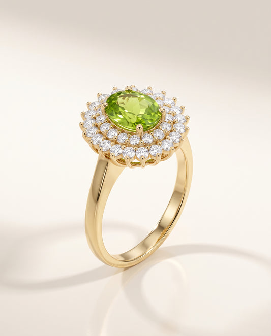 Alina Engagement Ring – oval peridot with double diamond halo in 14k solid gold, handcrafted in Armenia by Nayiri Jewelry