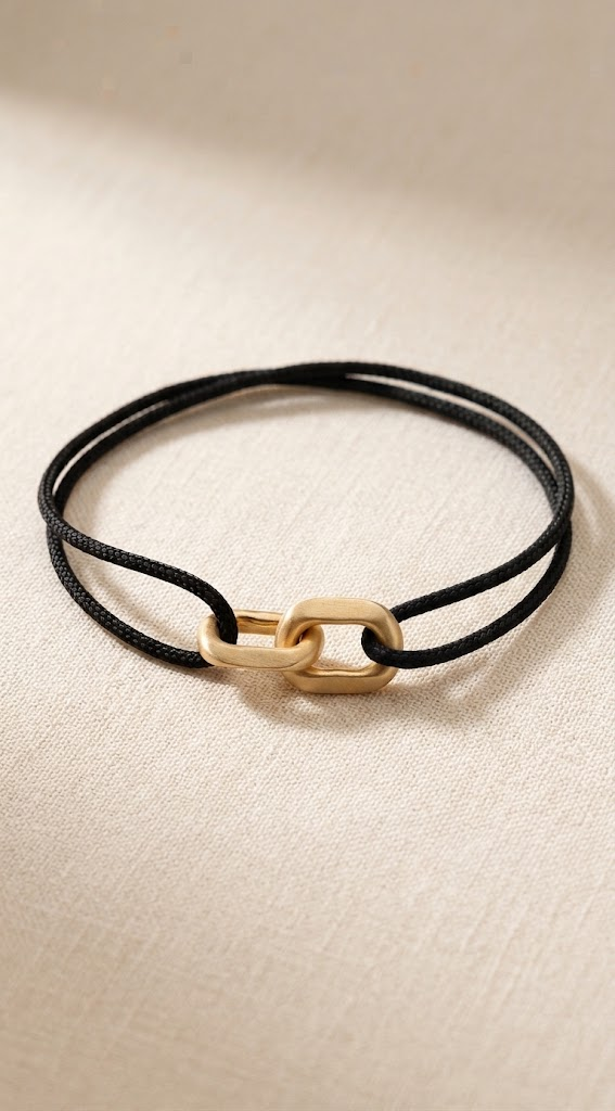 Link Bracelet in 14-karat solid gold on a black woven cord, laid flat on linen