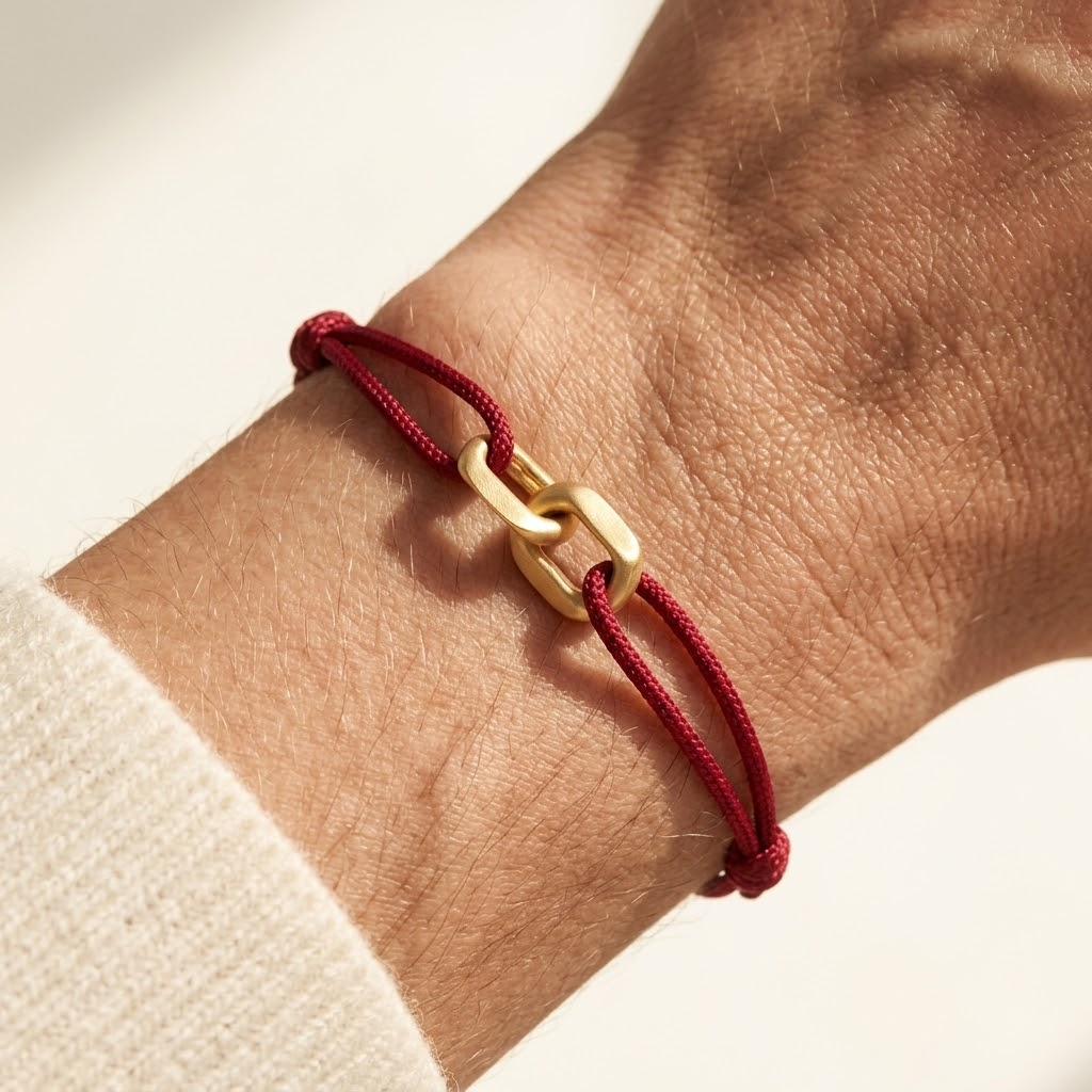 Link Bracelet in 14-karat solid gold on a burgundy cord, worn on the wrist