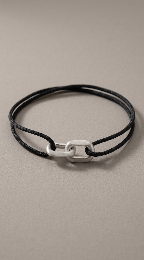Link Bracelet in 925 silver on a black woven cord, laid flat