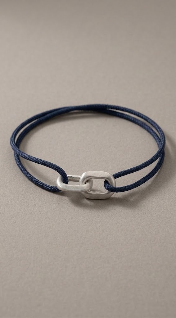 Link Bracelet in 925 silver on a navy woven cord, laid flat