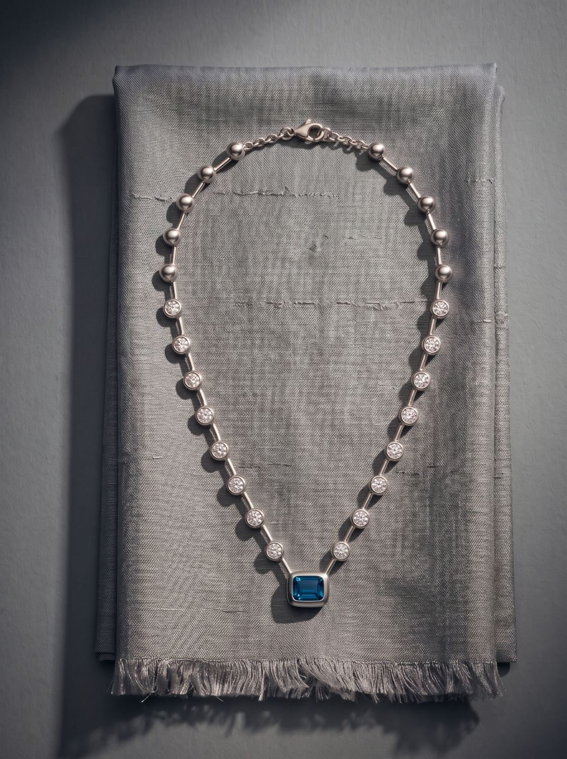 Handcrafted necklace with London blue topaz on grey silk