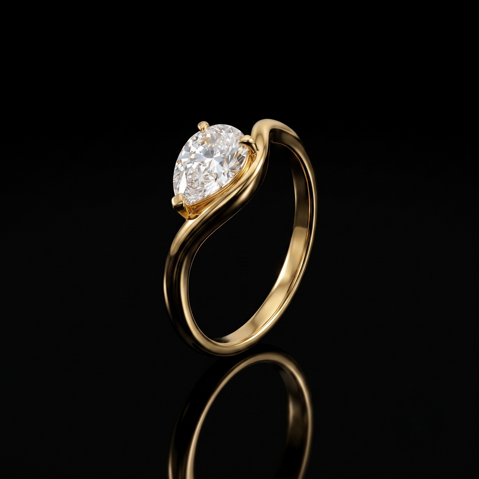 Nova Ring — gold pear solitaire on black