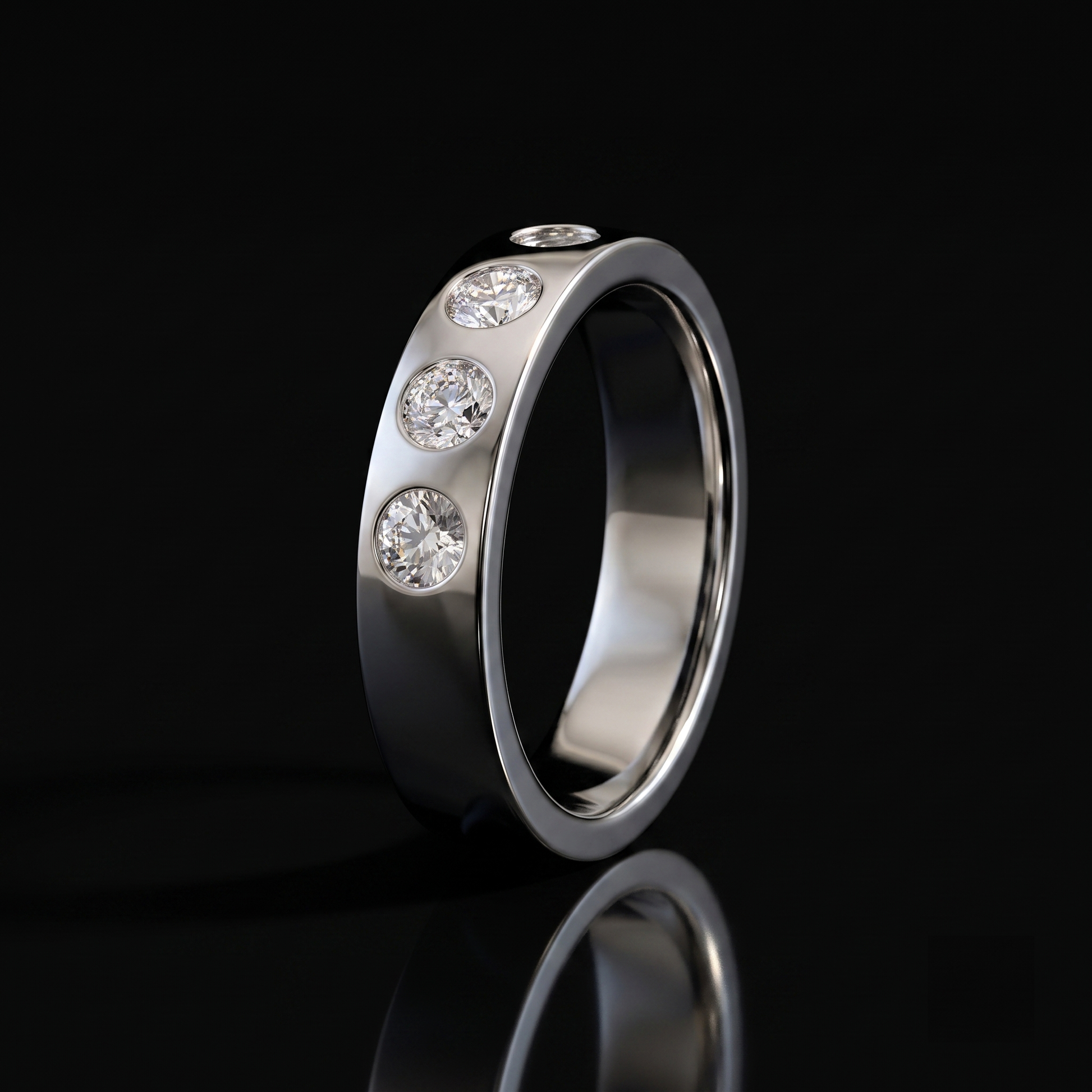 Orion Ring — white gold flush-set band on black