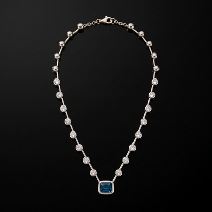 Skye Necklace — blue emerald-cut pendant, silver, studio