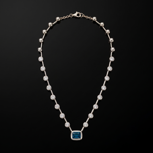Skye Necklace — blue emerald-cut pendant, silver, studio